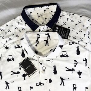 Lot of 2 NWT Golf Performance Polo Shirts Black & White All Over Print Men's XL